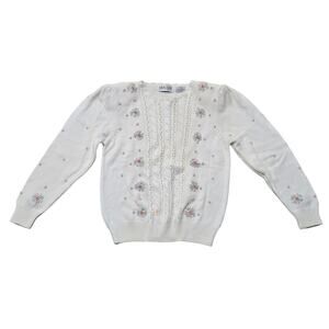 Vintage Maggie Jana Embroidered Floral Cotton Cable Knit Sweater Shoulder Pads